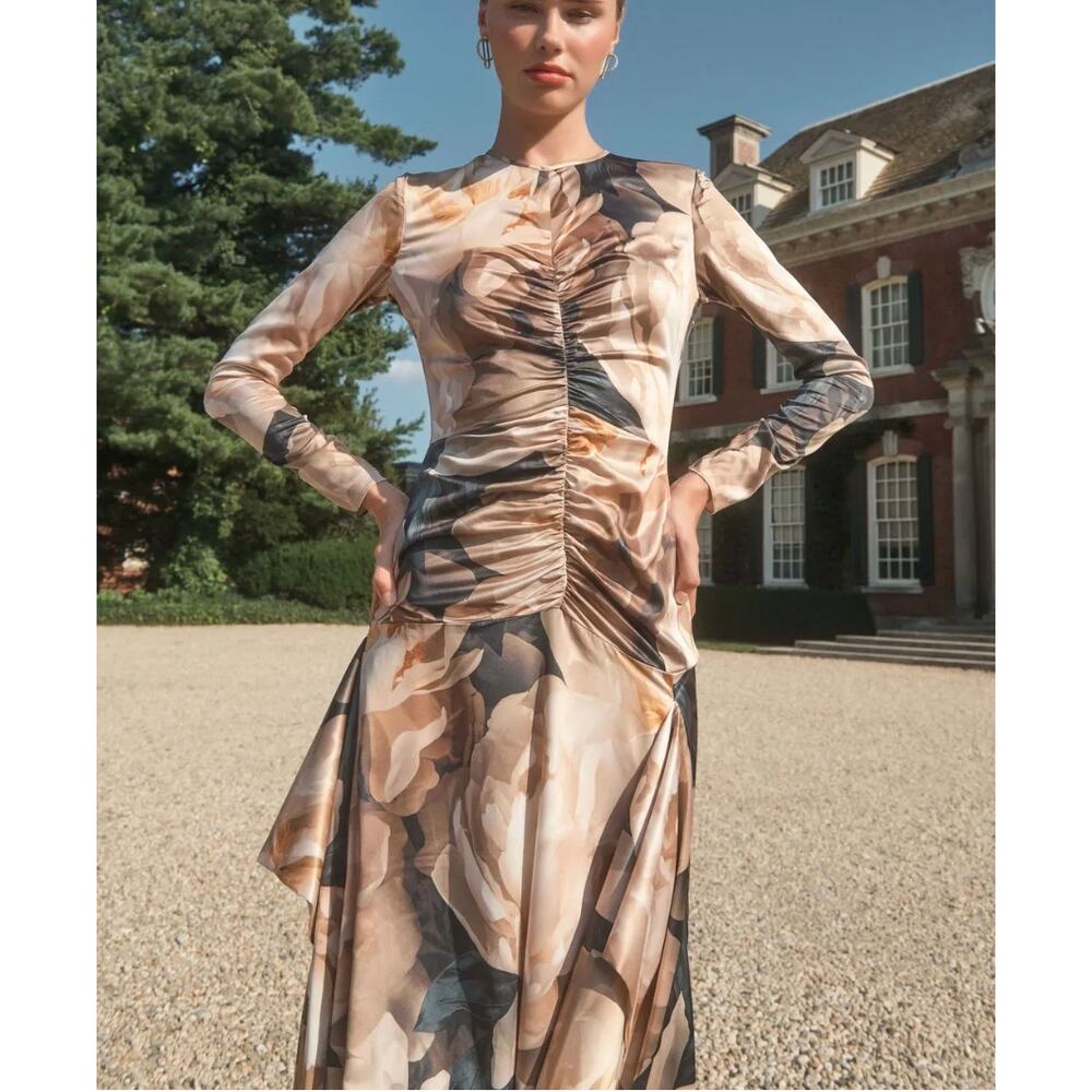 AKNVAS Beige Bold Floral Mesh Gown SIZE 4 Ruched Maxi Dress Party Designer $900